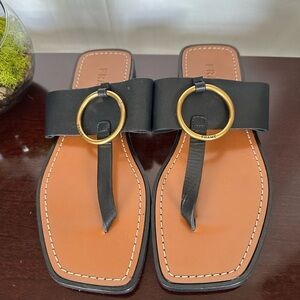 Frame Denim Black and Gold Sandals with Square Toe